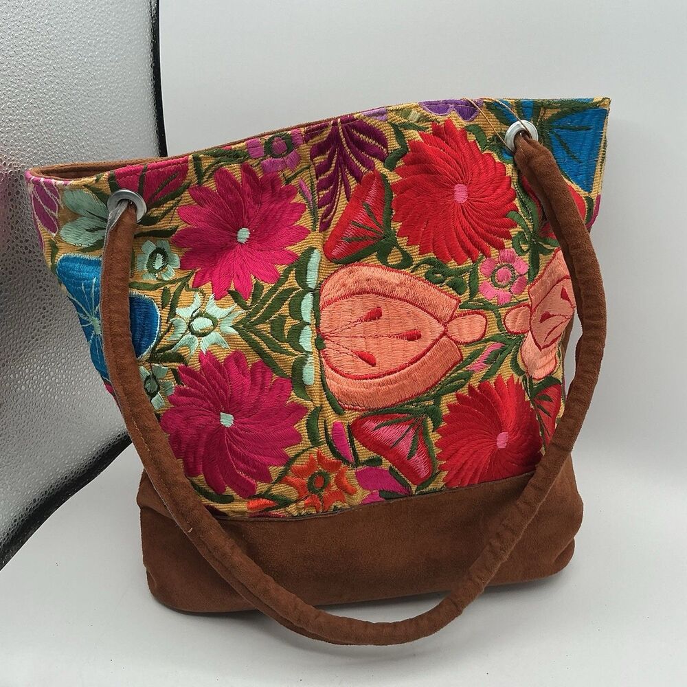 Boho Embroidered Floral Suede Tote Bag Handmade Hippie Folk Art Shoulder Purse